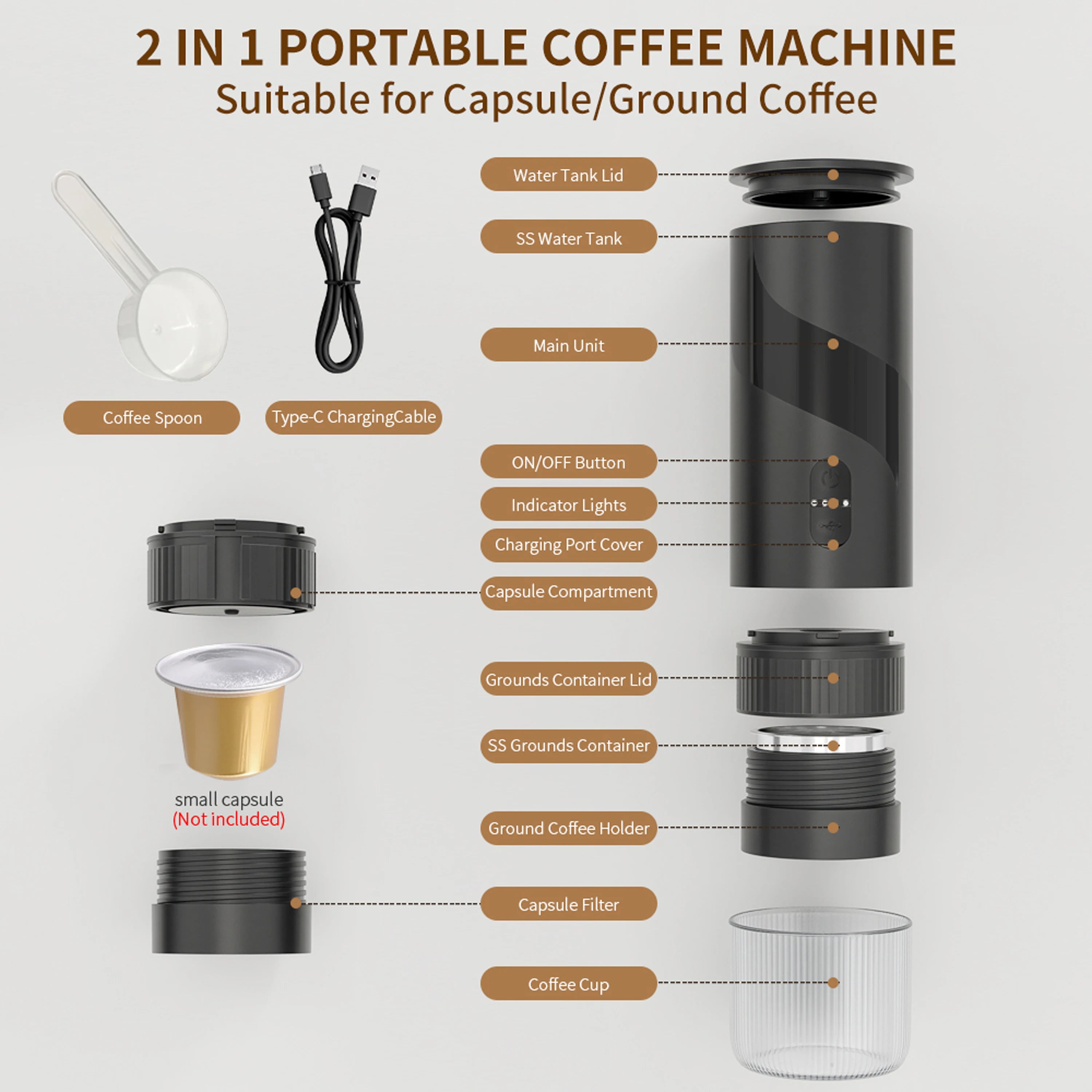 20 BAR Portable Electric Coffee Maker Capsule 2 in 1 Coffee Grinder Travel Coffee Maker for Car and Home Camping Outdoor
