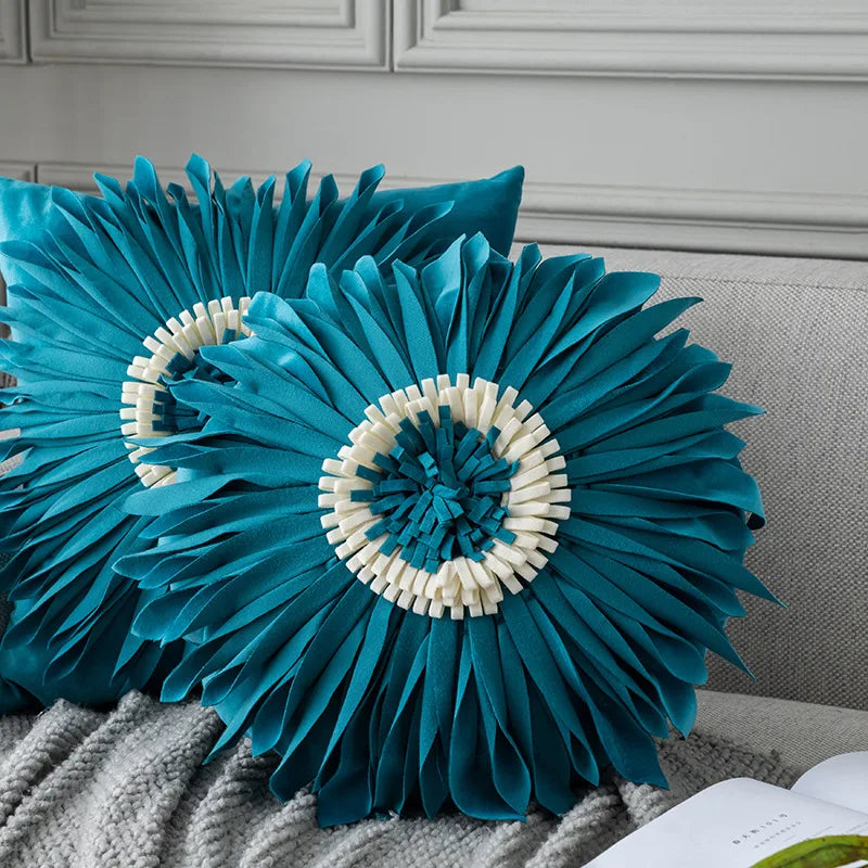 Modern Style Yellow White Throw Pillows Round  45*45 Velvet Stitching 3D Chrysanthemum Cushion Cover Waist Blue Cute Pillowcase