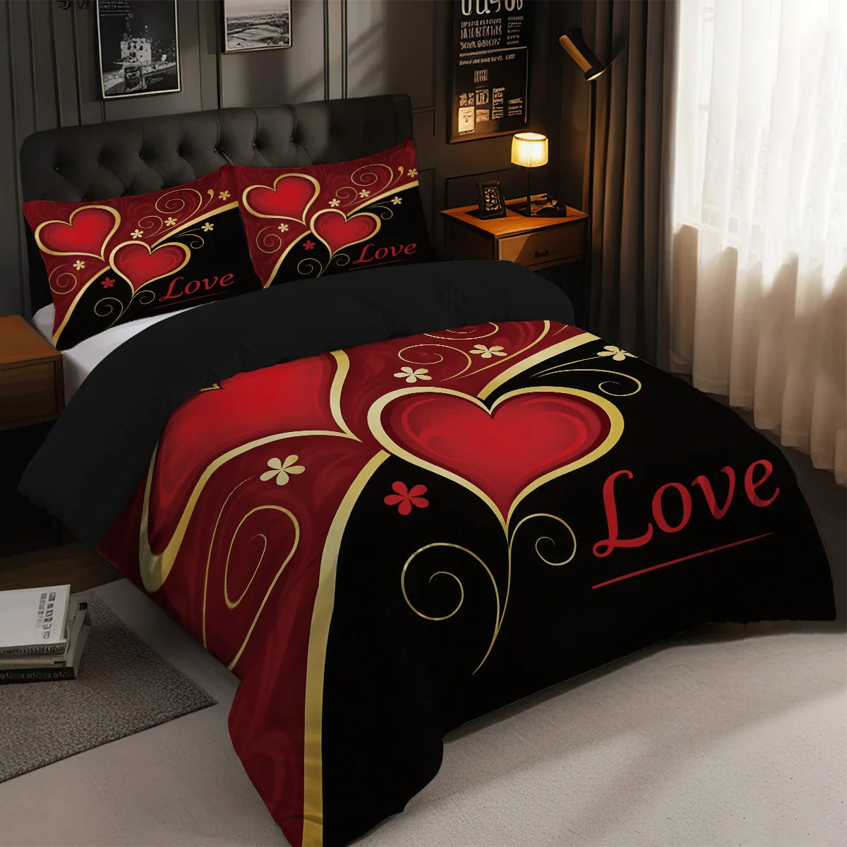 3pcs (1 duvet cover, 2 pillowcases, coreless), black and red Valentine's Day heart, Love design printed pattern bedding set