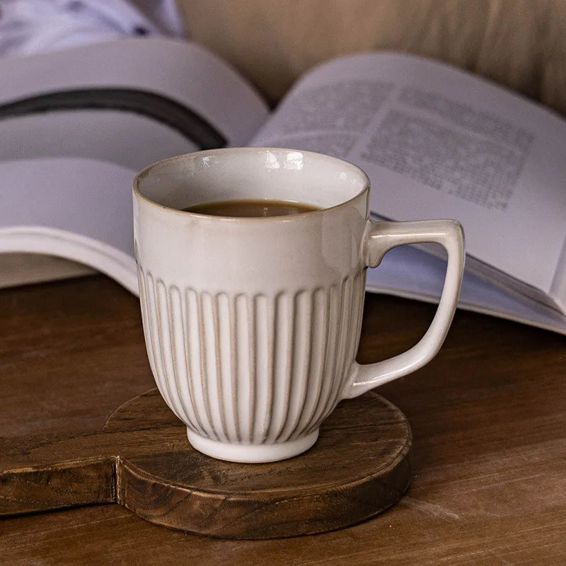 Vintage Mug  Simple Vertical Embossed Ceramic Water Cup High Aesthetic Ceramic Household Cup Couple Cup  Coffee Cup