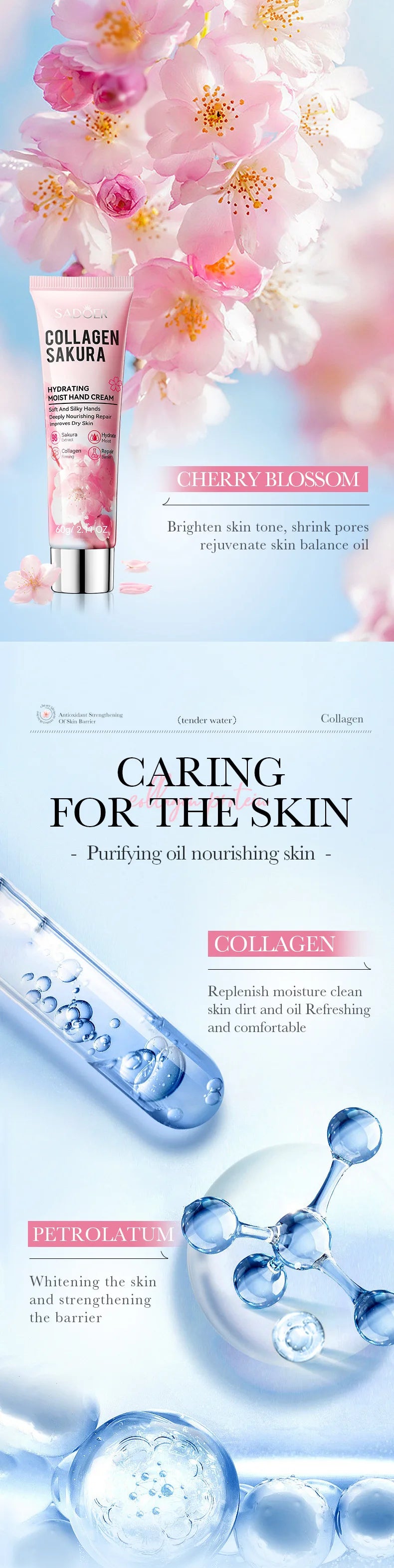 SADOER Sakura Collagen Hand Cream Moisturizing & Nourishing, Brightening Care, Anti-Wrinkle Anti-Crack Cream for Hands 60G