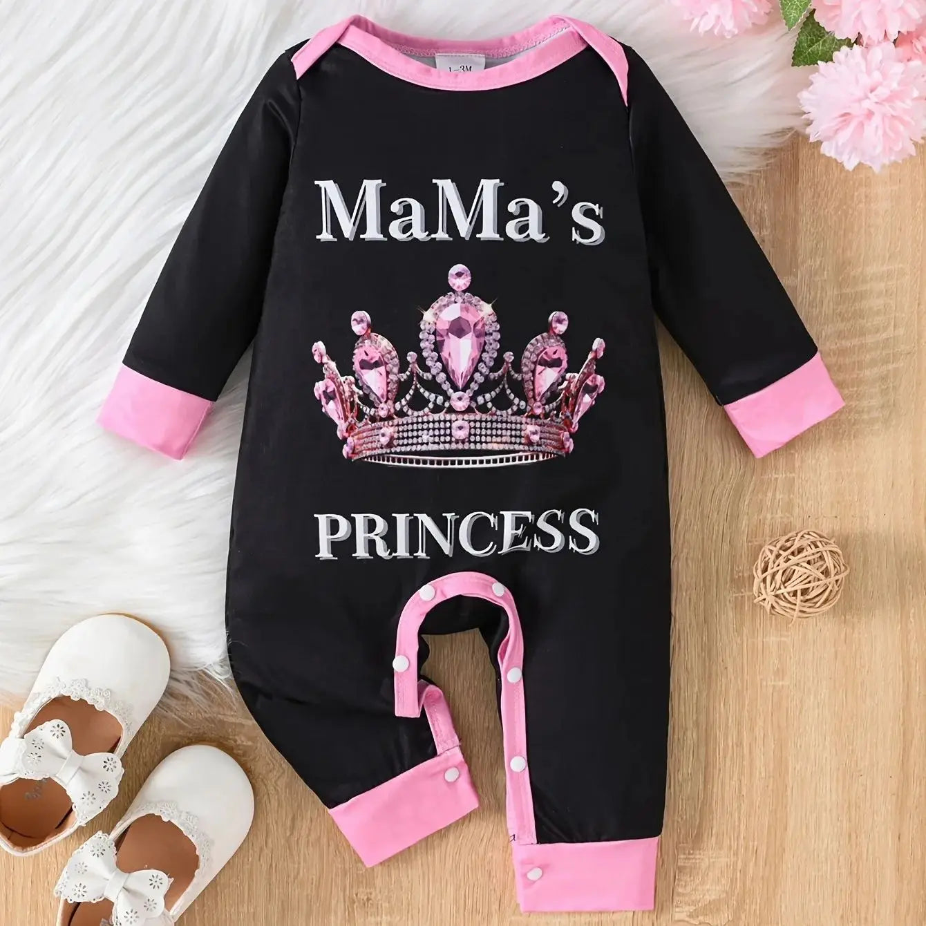 Newborn baby girl's spring and autumn crown letter print long sleeved openable jumpsuit