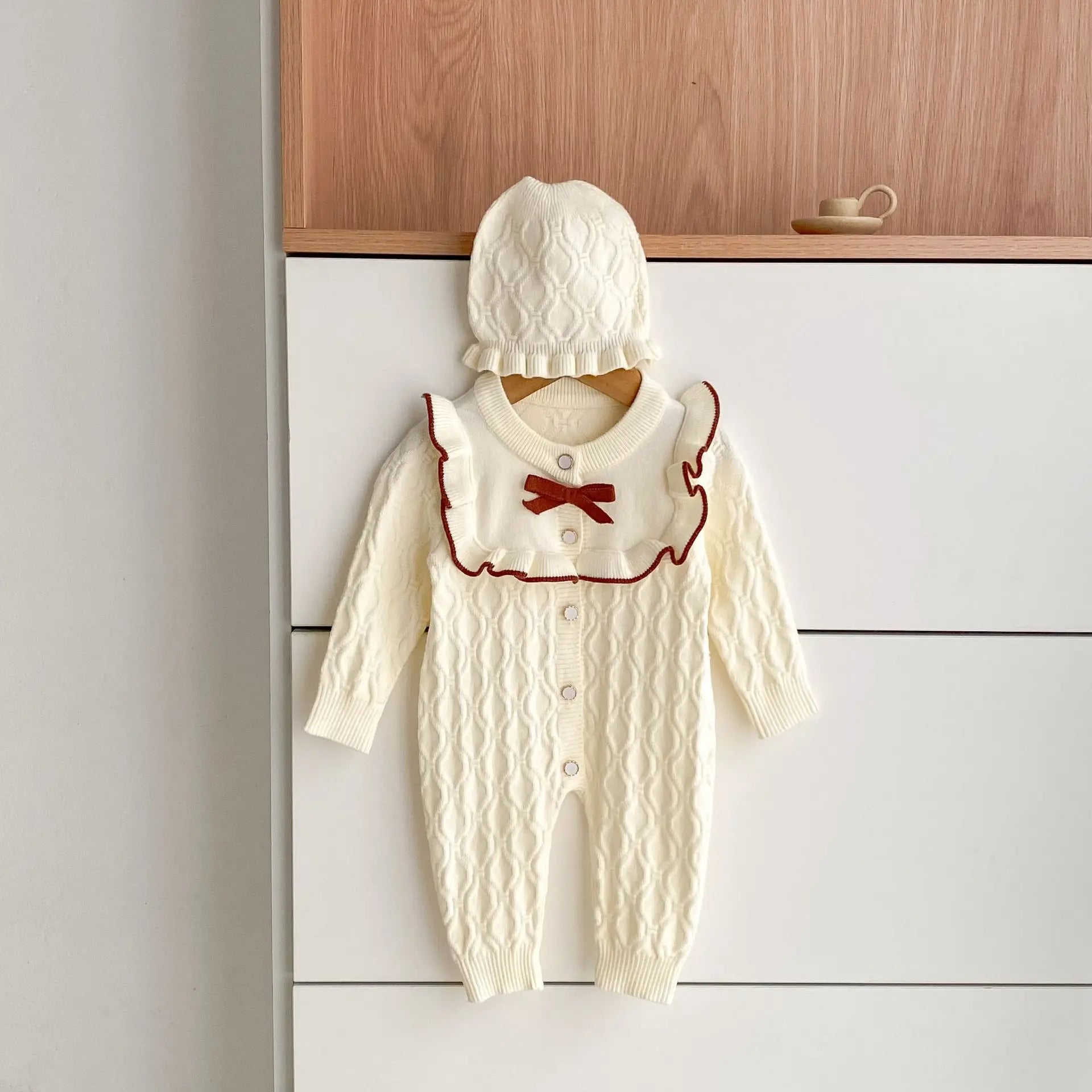 Christmas Baby Rompers Clothes Hat Autumn Winter Knitted Bow Newborn Girls Jumpsuits Fashion Solid Plain Toddler Kids Rompers