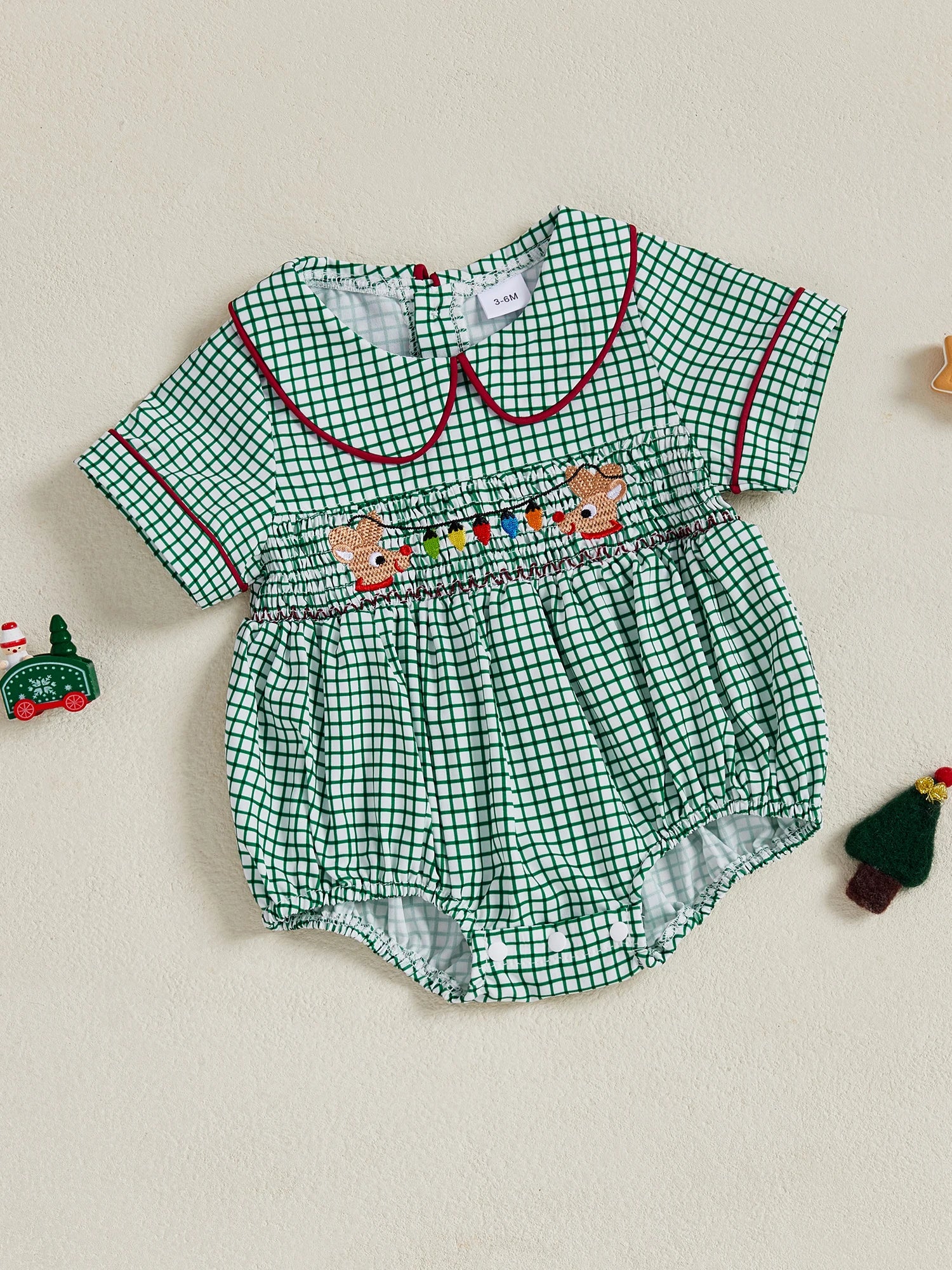 0-18M Infant Baby Girls Boys Christmas Romper Plaid Print Lamp String Embroidery Short Sleeve Doll Collar Bodysuit/Tank Jumpsuit