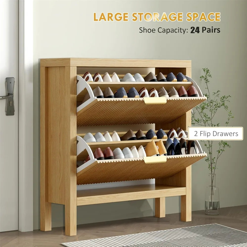 " Armoire à chaussures moderne à 2 niveaux – Conception autoportante à tiroirs rabattables, organisateur en bois de grande capacité pour l'entrée"