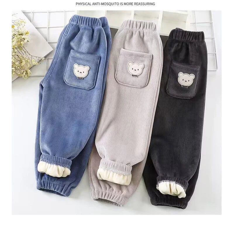 1pcs Boy Girl Winter Velvet Corduroy Kids Pants Little Bear Cartoon Mid Waist Warm Pantalones Baggy Thick Plush Children Trouser