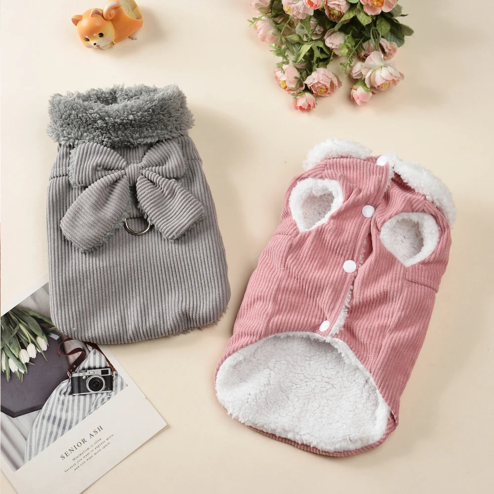 Winter Pet Clothes Cozy Thicken Fleece Solid Kitten Sweater For Small Cats Dogs Cute Bow Jacket Coat With D-Ring Sphynx Costume