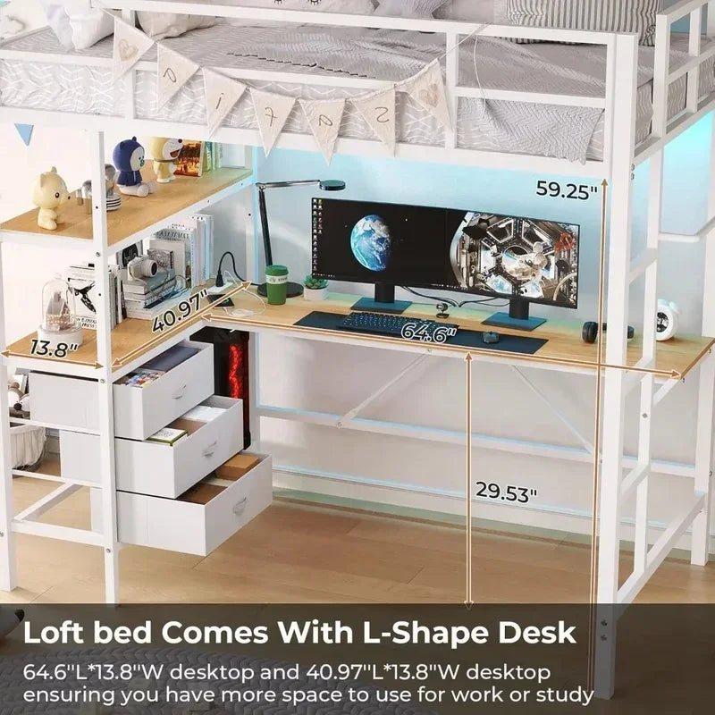Lit mezzanine avec bureau en forme de L, lumières LED, station de recharge, étagères de rangement et tiroirs en tissu, ensemble de chambre à coucher, meubles de lits superposés