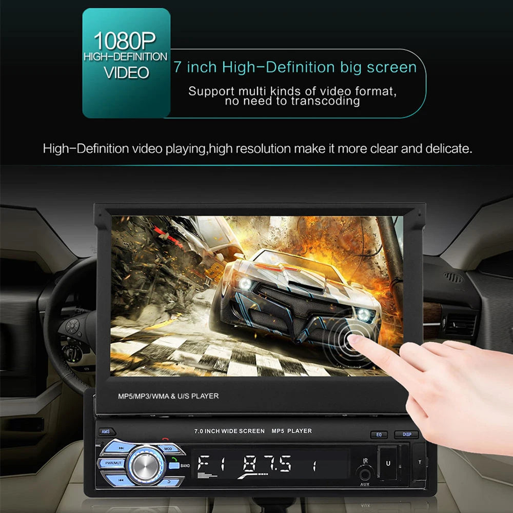 Podofo 1Din MP5 Player Mirrorlink Multimedia Player Bluetooth FM USB EQ 4Core 7 ''Retractable Screen Touch Screen Car Radio