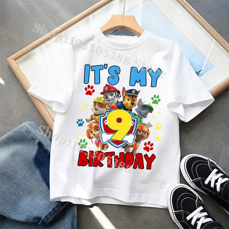 Paw Patrol Cute T-shirts for Children Cartoon Number 1-9 Printed Short Sleeved Shirt Boys Girls Summer Fashion Top Birthday Gift