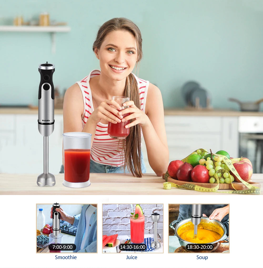 BioloMix 1200W 5-in-1 Immersion Hand Stick Blender Mixer Vegetable Meat Grinder 800ml Chopper Whisk 600ml Smoothie Cup
