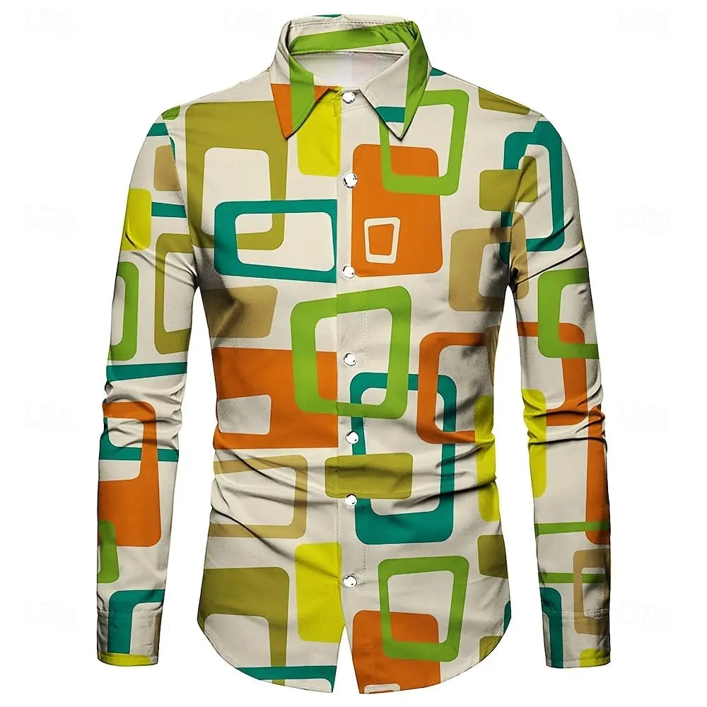 Men's 3D irregular geometric shape print long-sleeved shirt personalized polyester fabric casual shirt men's fashion lapel shirt