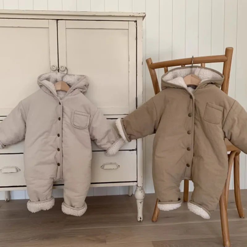 2025 Winter New Baby Fleece Hooded Romper Solid Infant Boy Lamb Cashmere Jumpsuit Plus Velvet Thick Toddler Girl Warm Clothes