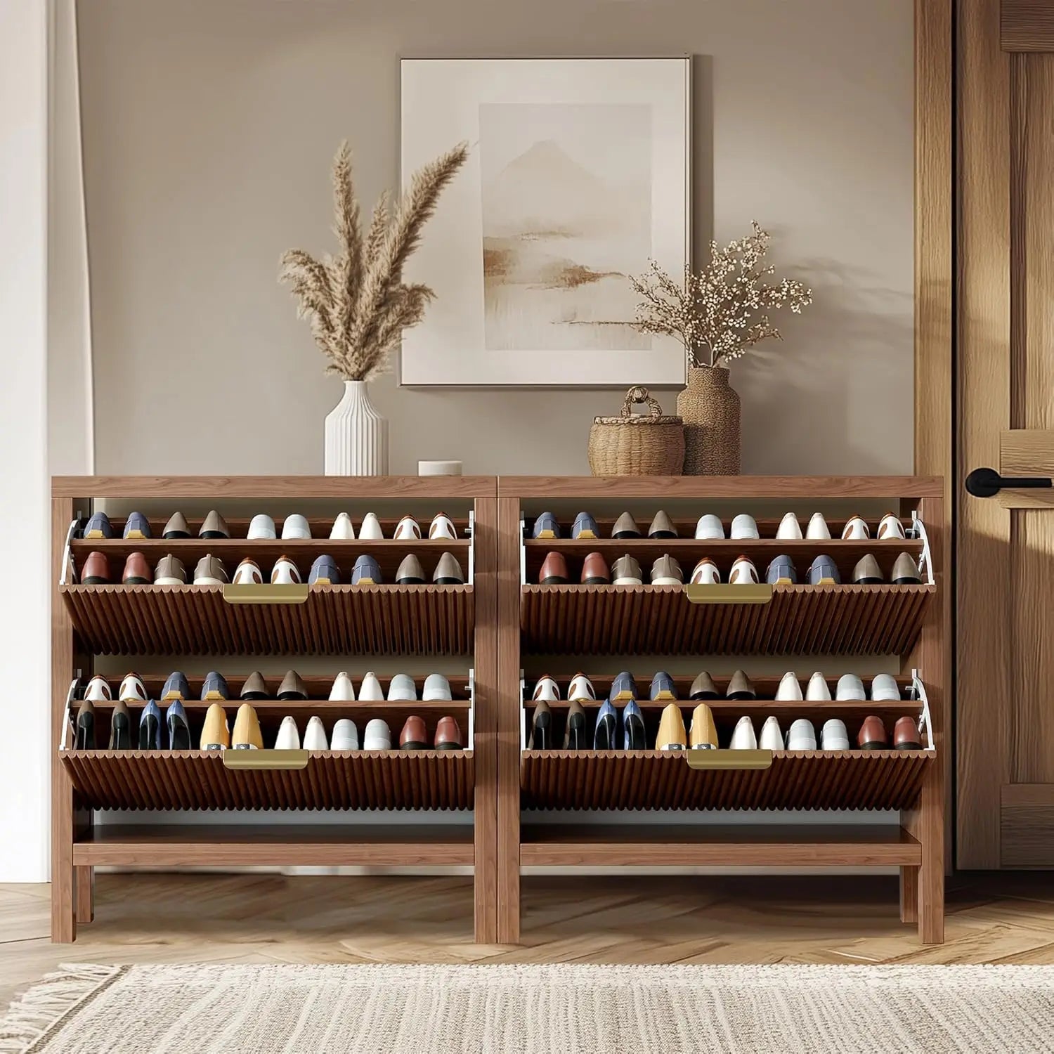 " Armoire à chaussures moderne à 2 niveaux – Conception autoportante à tiroirs rabattables, organisateur en bois de grande capacité pour l'entrée"