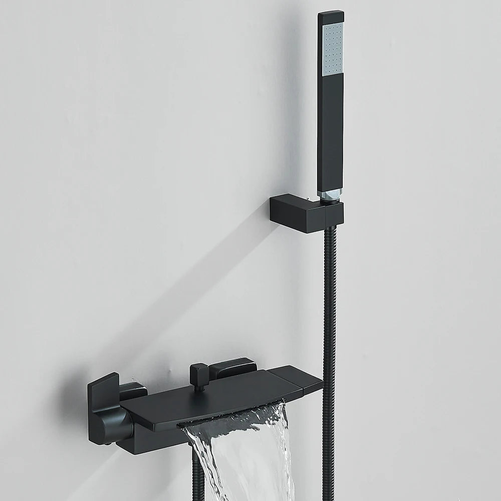 حنفيات دش حوض الاستحمام ذات الشلال الأسود، حنفية خلاط دش مثبتة على الحائط، حنفية دش حمام ساخن وبارد، BaRobinet Baignoire