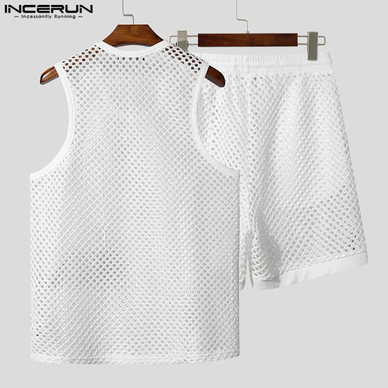 INCERUN Men Sets Solid Color Mesh Hollow Out See Through Tank Tops & Shorts 2PCS Summer Sexy Vacation Men Casual Suits 2025 5XL