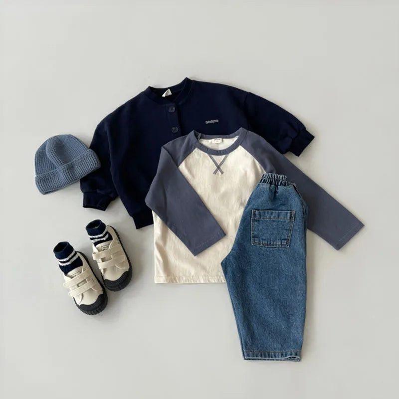 Kid Casual Simple Patchwork Long Sleeves T-shirt Pullover Tops Girl Loose Comfortable Soft Bottoming Shirt cotton tees