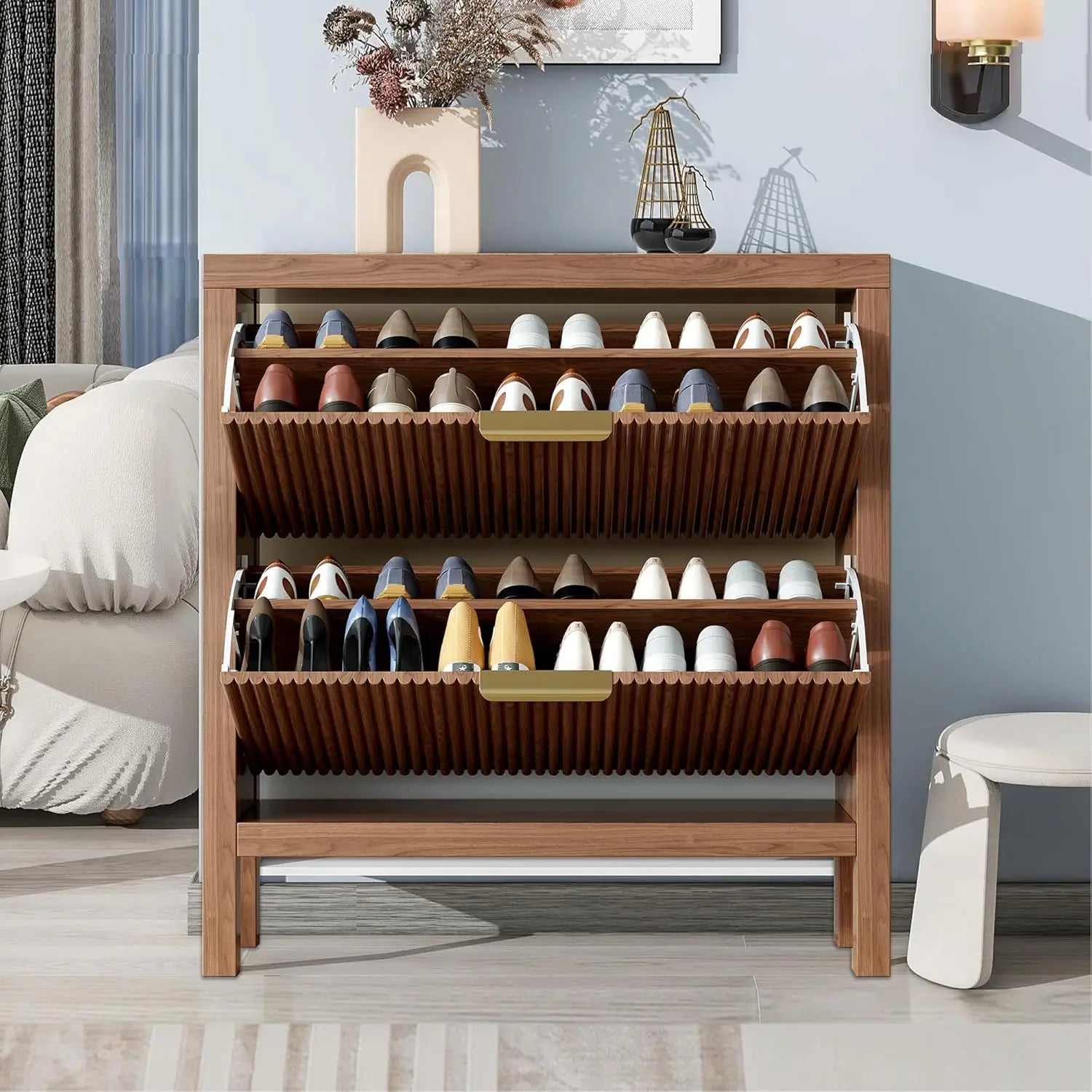 " Armoire à chaussures moderne à 2 niveaux – Conception autoportante à tiroirs rabattables, organisateur en bois de grande capacité pour l'entrée"