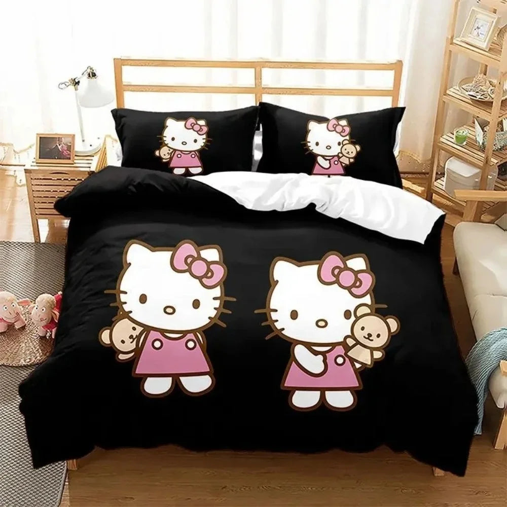 Sanrio Hello Kitty Cartoon Big Size Bedding Set Pink Cats Kawaii Duvet Cover For Girl Kids Single Decor Home Bedclothes Custom
