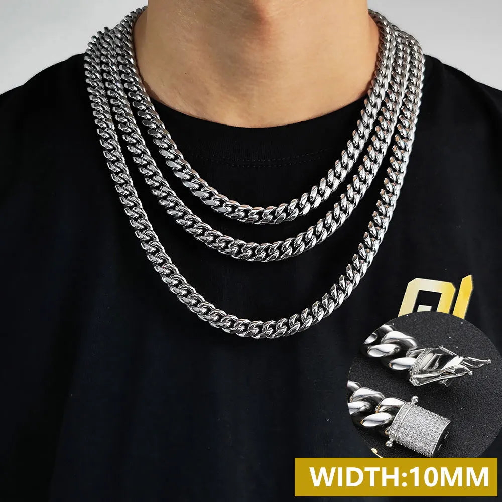 6-16mm Iced Clasp Cuban Link Chain Miami Stainless Steel Necklace Hip Hop Jewelry Gift for Men Women