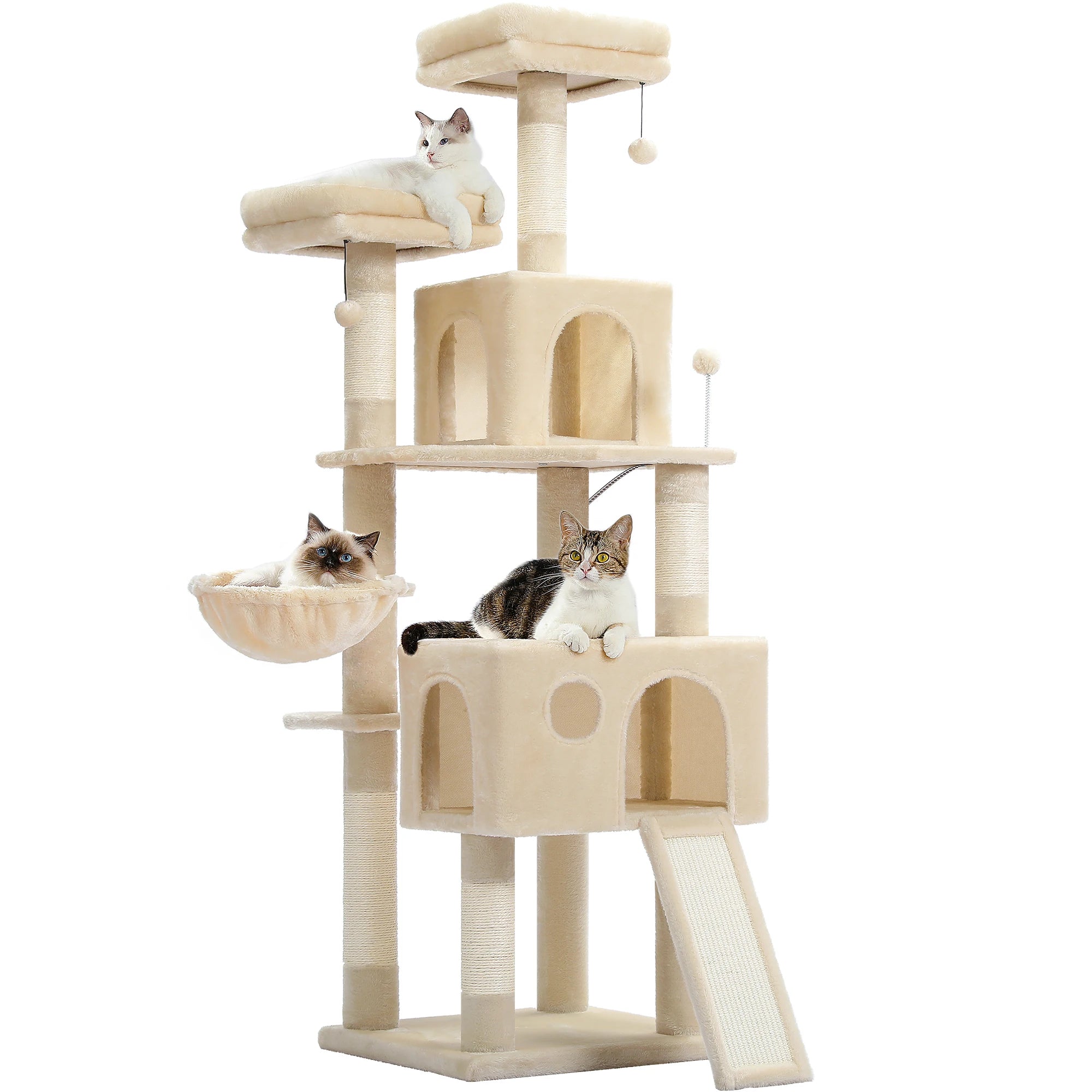 Stable&Safe Multi-Level Cat Tree Tower with Cozy Condo,Scratching Posts&Boards,Perches,Hammock,Pompoms for Active Cats,Cat Toys