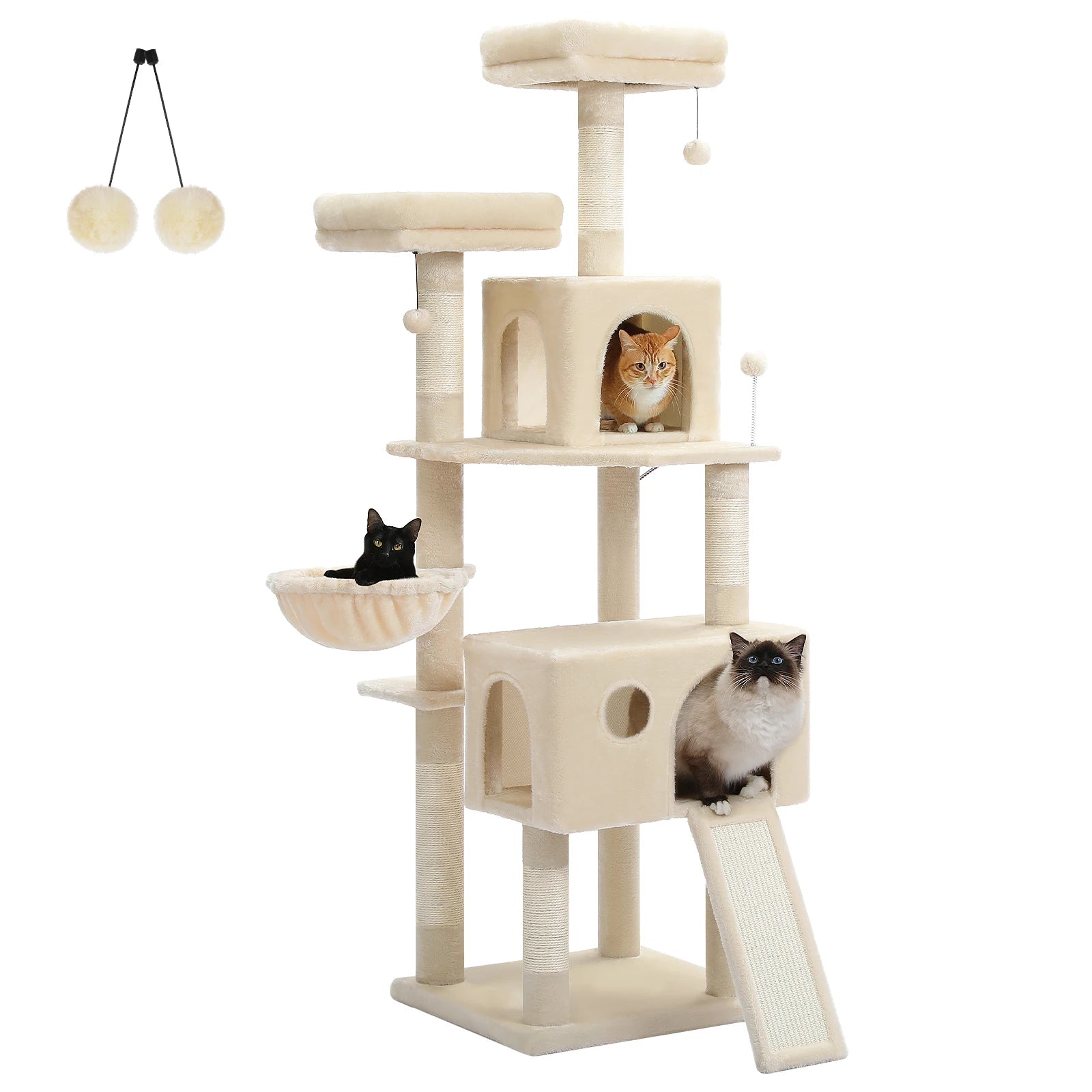 Stable&Safe Multi-Level Cat Tree Tower with Cozy Condo,Scratching Posts&Boards,Perches,Hammock,Pompoms for Active Cats,Cat Toys
