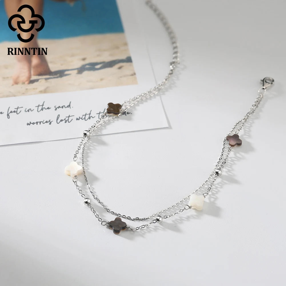 Rinntin Genuine 925 Sterling Silver Double Layer Clover Chain Anklet Lucky Clover Charm Anklets Bracelet Female Jewelry GMA02