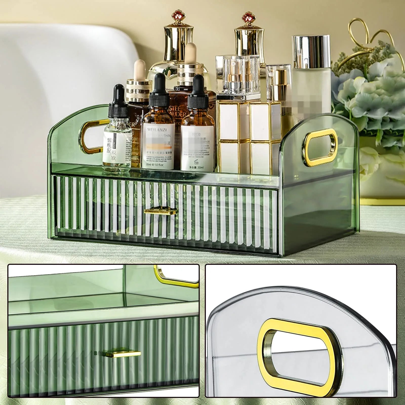 Makeup Organizer Countertop Clear Cosmetics Storage Boxes with Drawers & Portable Handle For  Vanity Skincare Desktop Bathroom