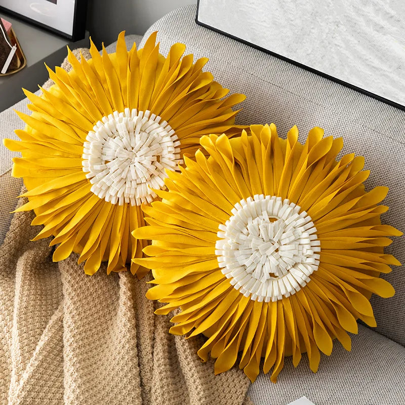 Modern Style Yellow White Throw Pillows Round  45*45 Velvet Stitching 3D Chrysanthemum Cushion Cover Waist Blue Cute Pillowcase