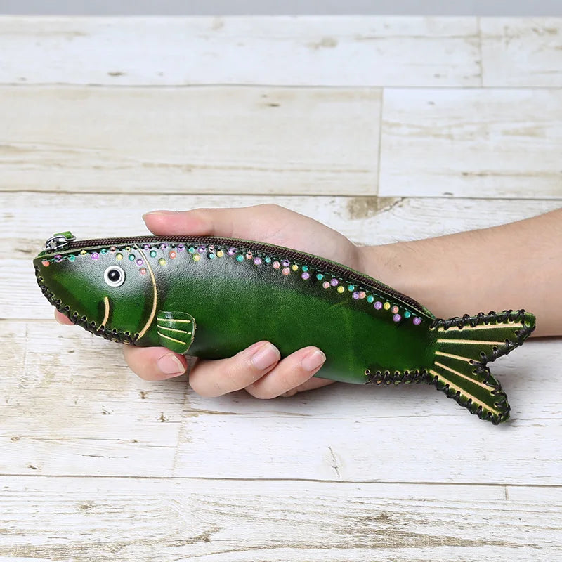 Head Layer Cowhide Creative Pencil Case Salted Fish Flip Storage Bag Personalized Fish Zero Wallet Storage Gift Giving Work Gift