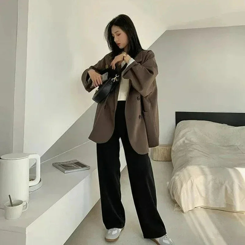 Vintage Brown Blazer Women Elegant Official Ladies Autumn Fashion Long Sleeve Oversized Chic Casual Jacket All-match Coat