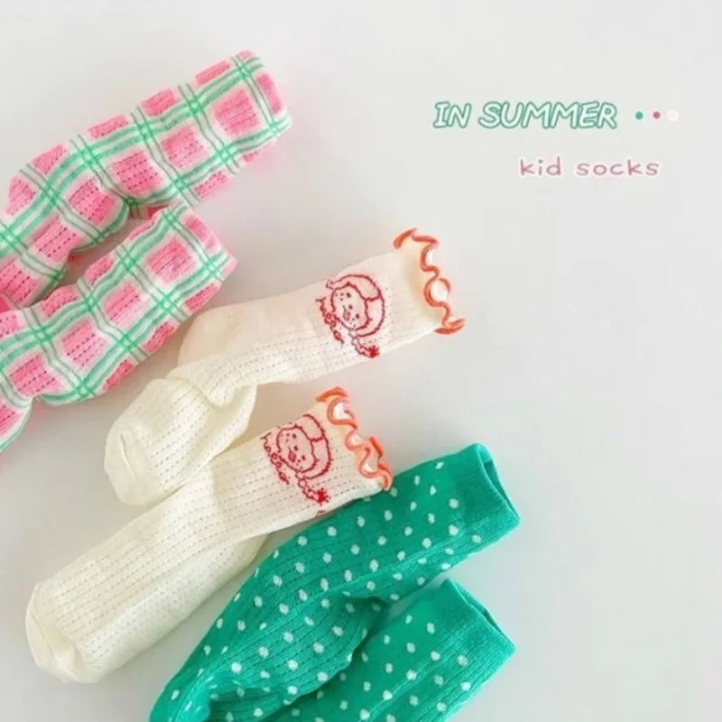 3PCS/Set Girls' Socks Korean Children's Cotton Mesh Mid Tube Socks 2-12Y Baby Girls Kids Versatile Thin Breathable Trendy Socks