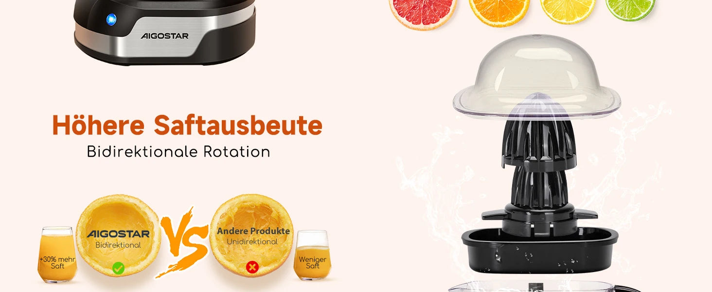 Aigostar Electric Citrus Juicer, 1.2L Large Capacity Juicer with LED Work Light and 2 Removable Cones, Lemon Squeezer for Orange