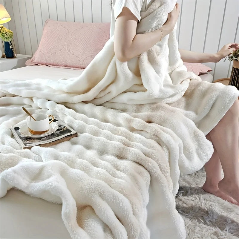 Luxurious Faux Rabbit Fur Bed Blanket - Soft, Thick, and Warm  Throw  All Seasons, Versatile for Sofa, Shawl, Travel, and Gifts