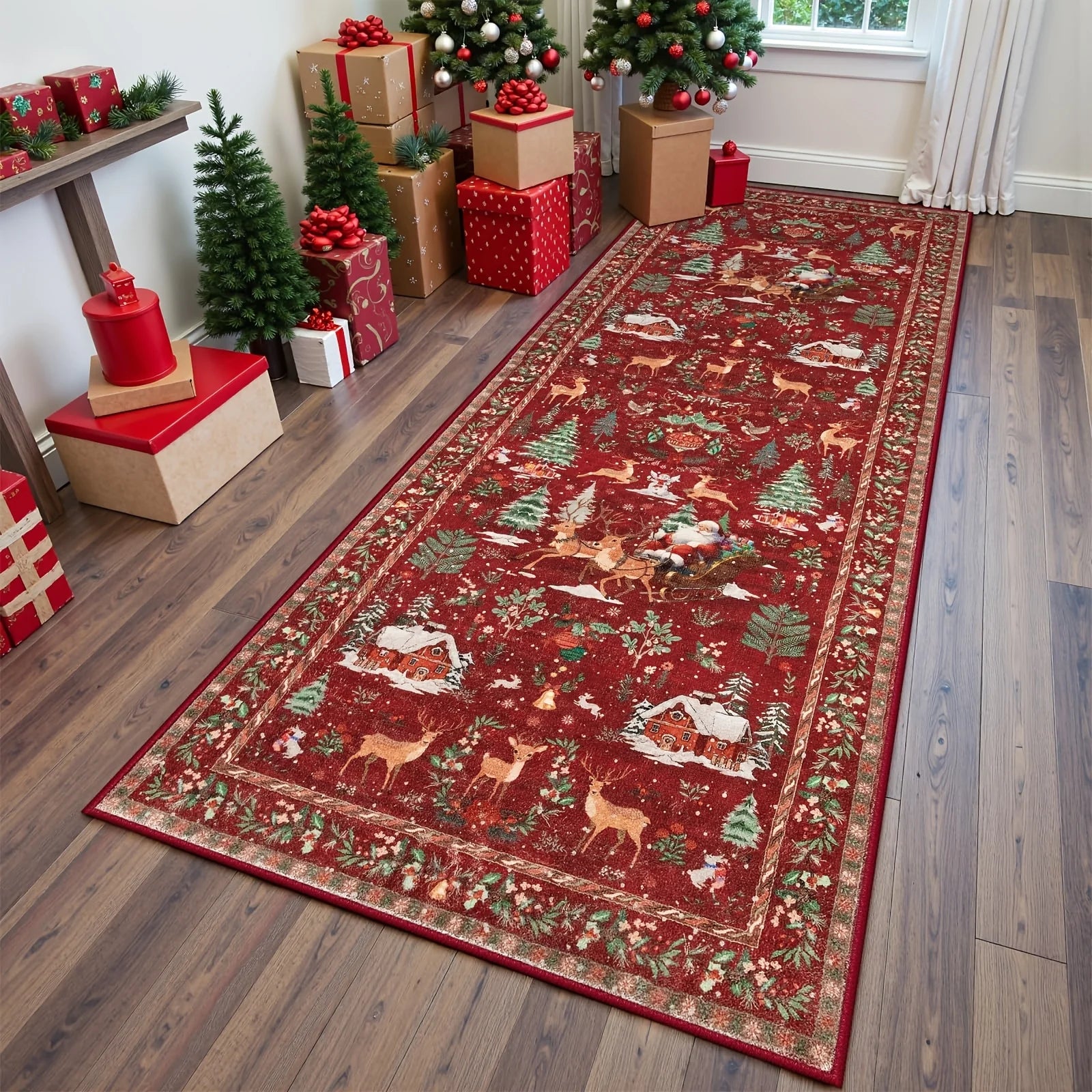 VIKAMA Red Christmas Hallways Runner Rug 2x6 Non Slip Washable Soft Christmas Tree Santa Claus Entryway Mat Bedside Home Decor