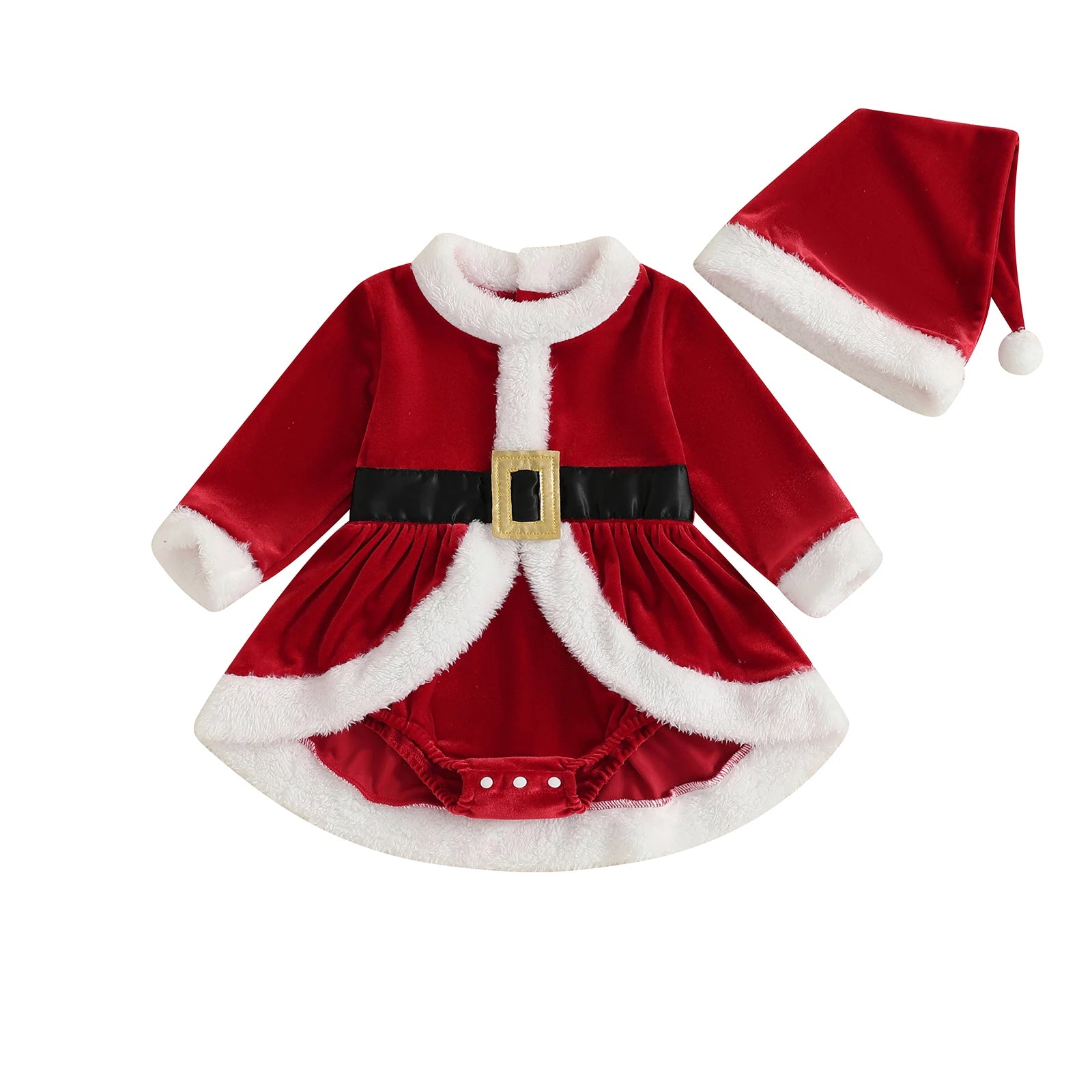 Baby Girl Christmas Outfit Plush Long Sleeve Romper Dress Hat Santa Costume 2 Piece Set