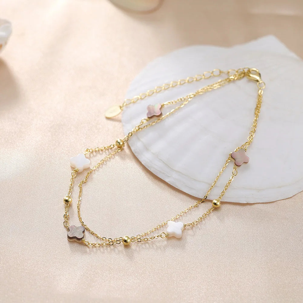 Rinntin Genuine 925 Sterling Silver Double Layer Clover Chain Anklet Lucky Clover Charm Anklets Bracelet Female Jewelry GMA02