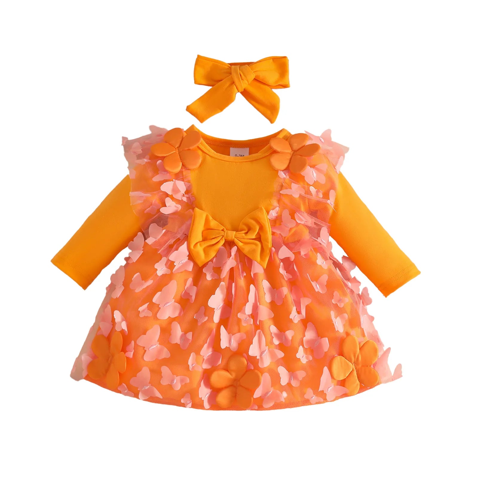 0-2Y Baby Girl Clothes 2Pcs Set Butterfly Tulle Patchwork Bow Baby Dresses for Newborn Girls and Headband Princess Party Outfit