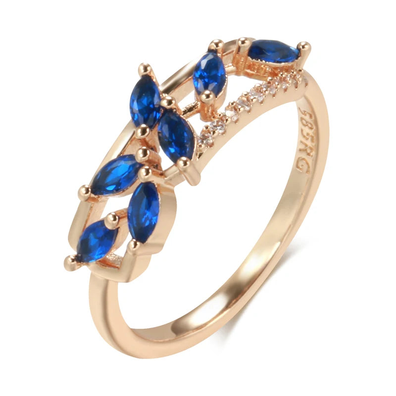 Kinel New Blue Natural Zircon Ring for Women Trendy 585 Rose Gold Leaf Ring Romantic Vintage Wedding Jewelry Fashion 2022