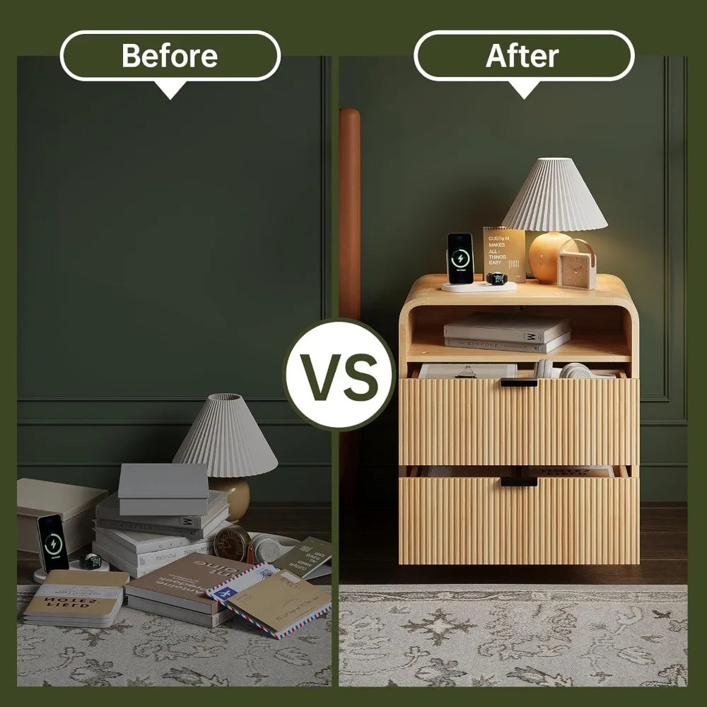 Table de chevet cannelée avec station de recharge, table d'appoint en bois avec 2 tiroirs de rangement, design à profil incurvé, armoire de chevet moderne