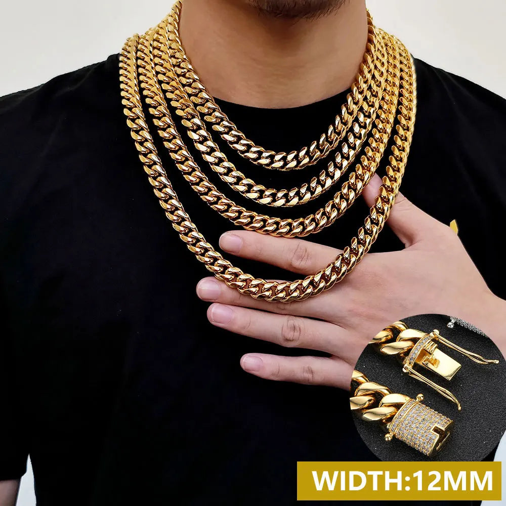 6-16mm Iced Clasp Cuban Link Chain Miami Stainless Steel Necklace Hip Hop Jewelry Gift for Men Women