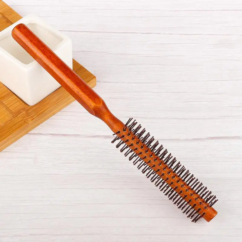 Bristle Wooden Curly Hair Comb Natural Boar Bristle Rolling Brush Round Barrel Blowing Curly Hairbrush Hair Styling Tool Barber