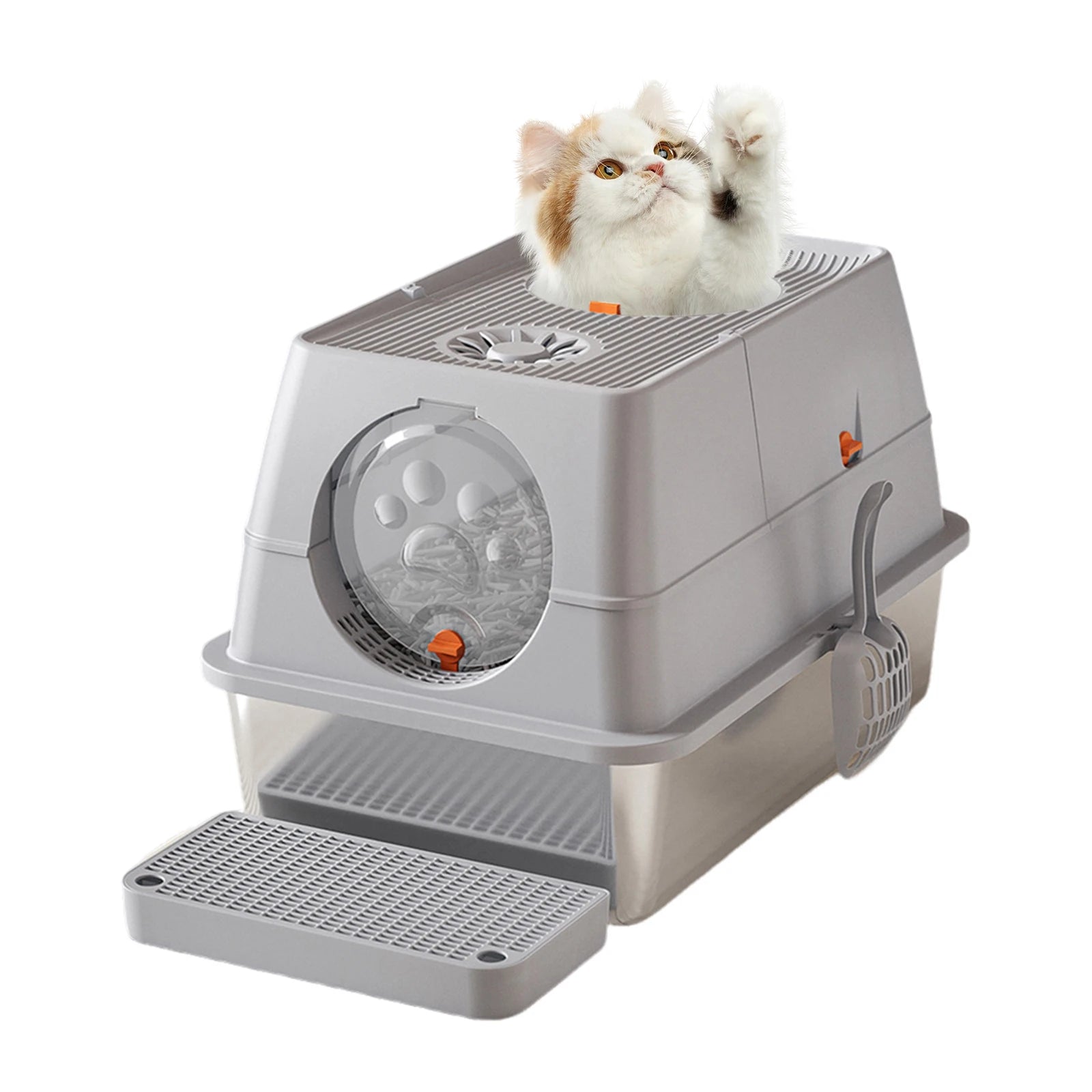 Stainless Steel Litter Box with Lid Anti-Leakage Non Stick Surface XXL Cat Litter Pan w/Scoop & Steps 60x40x39cm