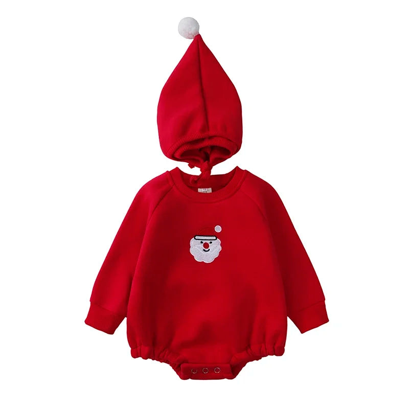 Baby Christmas Romper with Hat 0-24M Newborn Embroidery Solid Cotton Christmas Tree Santa Claus Deer Costume For Xmas Pajamas