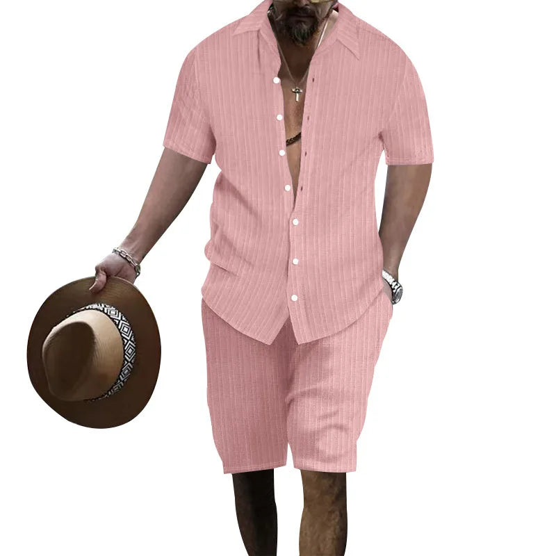 Summer European and American Style Men's Clothing Short Sleeve Cardigan Suit Men's Casual Loose Short Sleeves Shorts Beach Suit