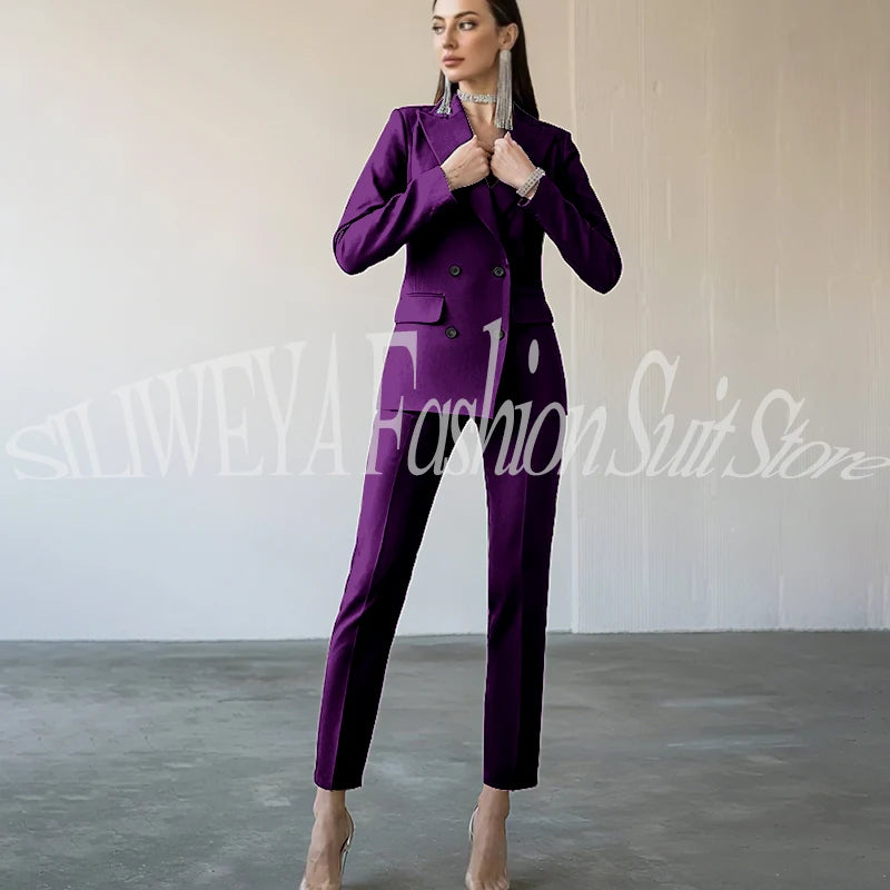 Fashion Chic Burgundy Red Purple Women Suit Double Breasted 2 Piece Jacket Pants Blazer Set Slim Fit Office Lady Female Clothing