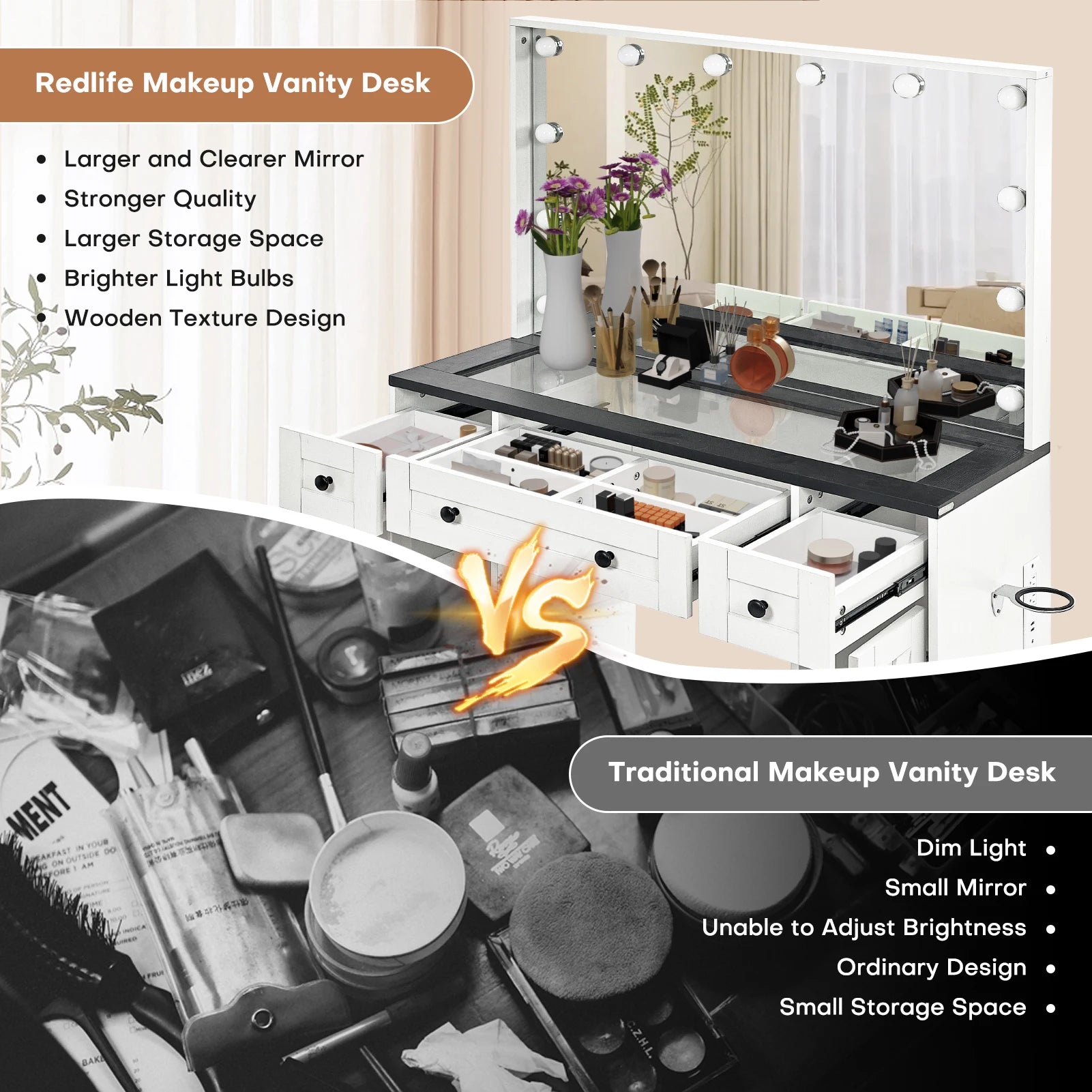 Bureau de maquillage de ferme avec miroir éclairé, bureau de maquillage Hollywood avec 3 tiroirs et 2 armoires, coiffeuse de 43 pouces, tabouret inclus