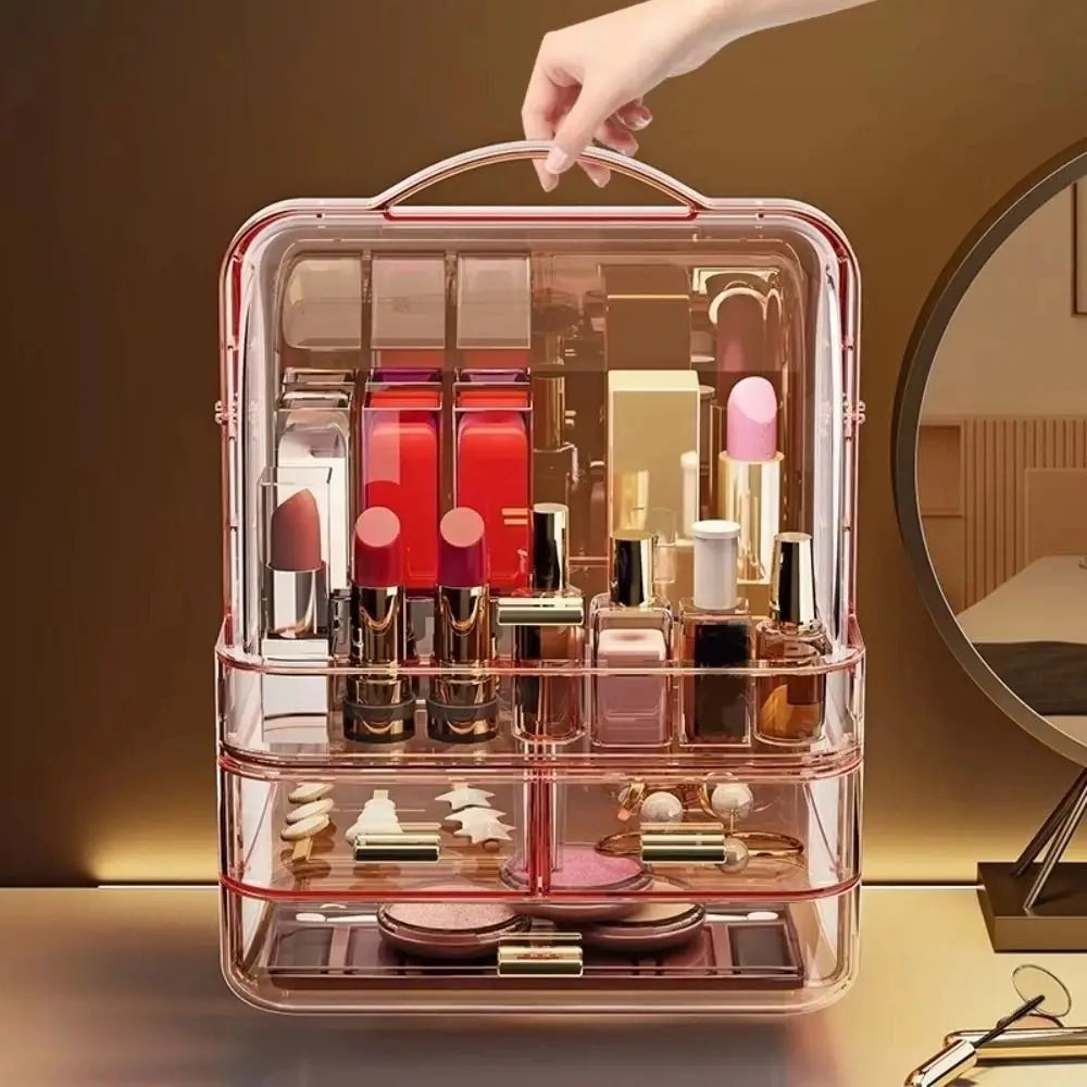 Drawer Style Cosmetics Storage Box with Lid and Handle Clear Skincare Display Cases Dustproof Multilayer Makeup Storage Rack