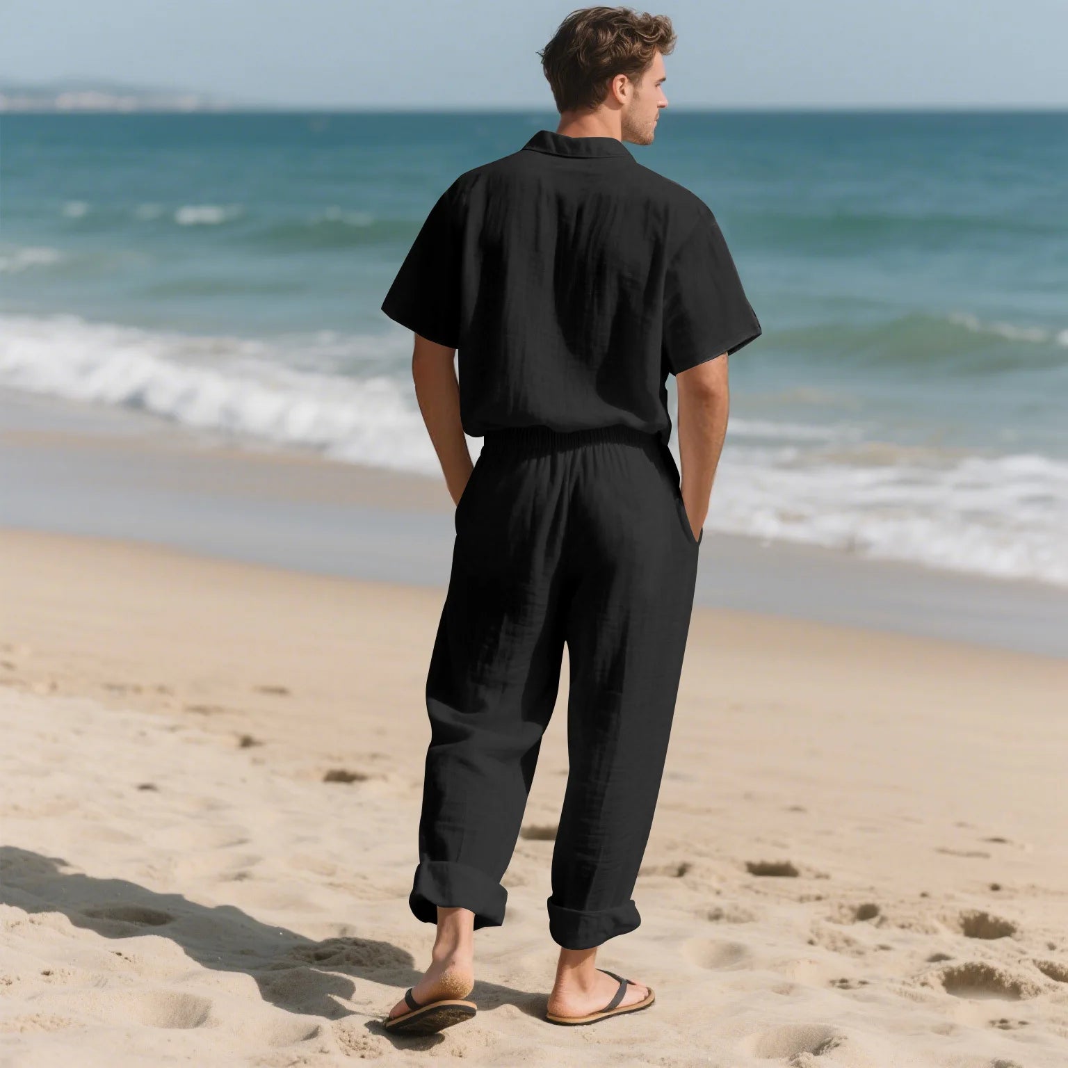 American Summer Men's Linen Casual Set Short-Sleeved Shirt And Long Pants 2-Piece Comfortable Loose Fit for Men