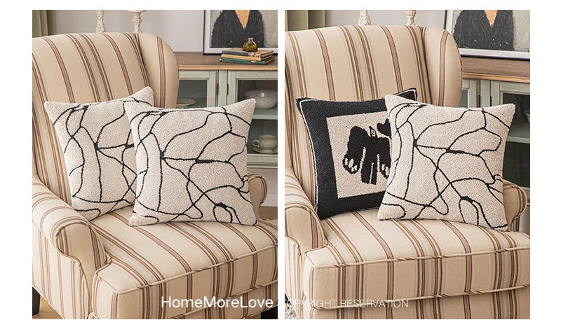 New Geometric Abstract Embroidered Cushion Cover Modern Beige Black Fully Tufted Pillowcase Home Decorative Pillows for Sofa